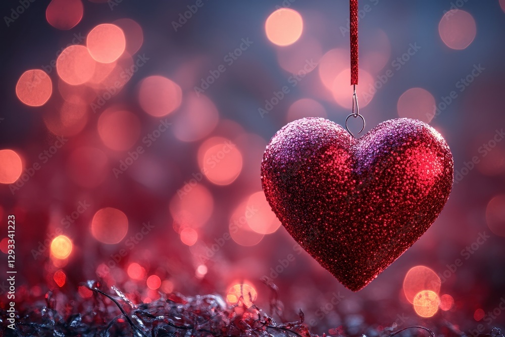 Shimmering red heart ornament hangs against a festive bokeh backdrop in a warm, romantic setting Shimmering red heart ornament hangs against a festive bokeh backdrop in a warm, romantic setting