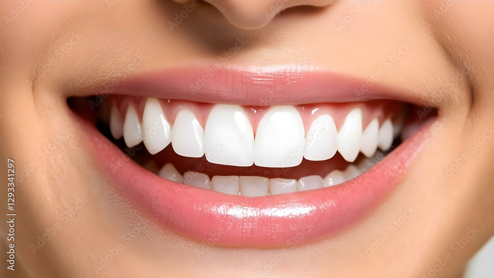 A close-up of a smiling mouth showcasing white teeth and healthy gums. Concept Dental Health, Smile Confidence, Oral Hygiene, Teeth Whitening, Close-up Photography A close-up of a smiling mouth showcasing white teeth and healthy gums. Concept Dental Health, Smile Confidence, Oral Hygiene, Teeth Whitening, Close-up Photography