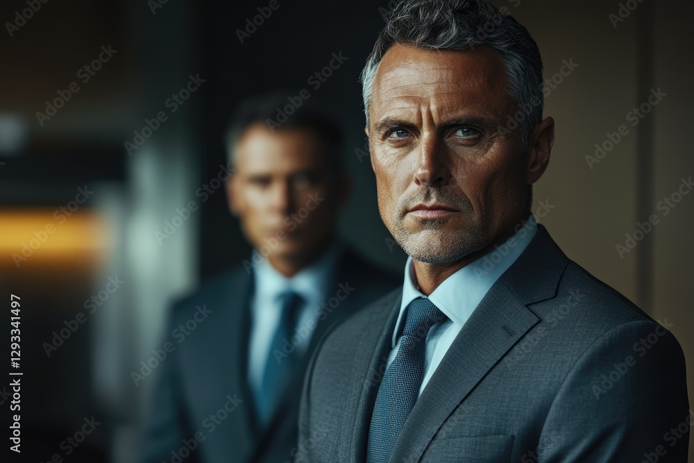 Confident businessman in suit, serious expression, blurred colleague in background. Confident businessman in suit, serious expression, blurred colleague in background.