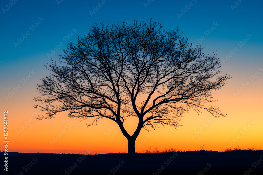 Tranquil Solitude: A Lone Tree Silhouette at Twilight with Expansive Shadows Tranquil Solitude: A Lone Tree Silhouette at Twilight with Expansive Shadows