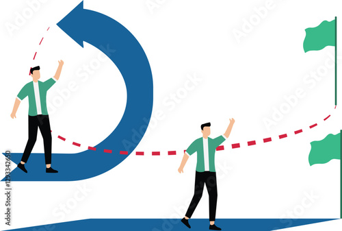 Easy or shortcut way to win business success or hard path and obstacle concept, easy vs difficult, competing in business, smart businessman running on straight easy way and other on hard messy path