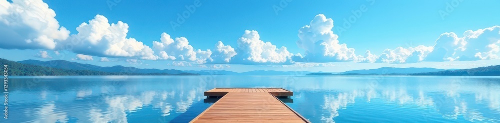 Elevated dock on calm lake, vibrant blue sky, fluffy white clouds , Minnesota, nature, dock Elevated dock on calm lake, vibrant blue sky, fluffy white clouds , Minnesota, nature, dock