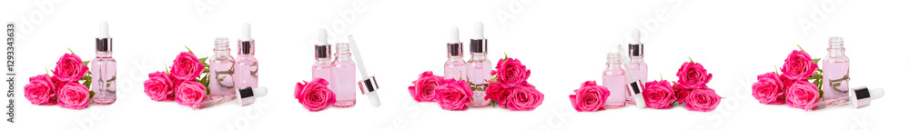 Rose essential oil isolated on white background.Roses and a bottle of rose perfumed water. Aromatherapy treatment. Beauty concept. Spa procedure.Natural organic oil.Anti-stress and detox relax. Rose essential oil isolated on white background.Roses and a bottle of rose perfumed water. Aromatherapy treatment. Beauty concept. Spa procedure.Natural organic oil.Anti-stress and detox relax.