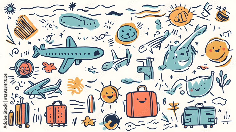 Fototapeta premium doodle art composition with tiny airplanes, luggage, smiling globes, and wavy adventure lines