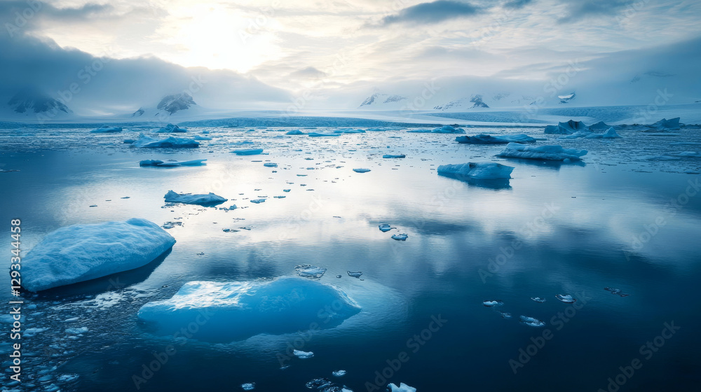 Fototapeta premium Arctic landscape with melting iceberg and glaciers floating in sea. Concept of global warning and climate change. Vector cartoon illustration of polar or antarctic ice in blue ocean water