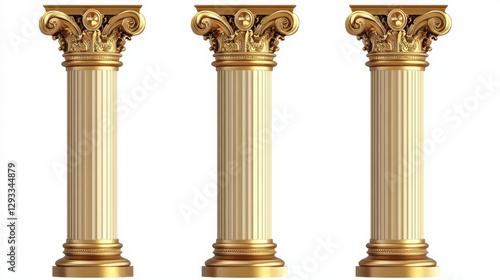 Antique gold pillars set. Ancient columns with golden decorative texture isolated on white background. Roman or greece facade decoration, luxury architecture elements, Realistic 3d vector illustration