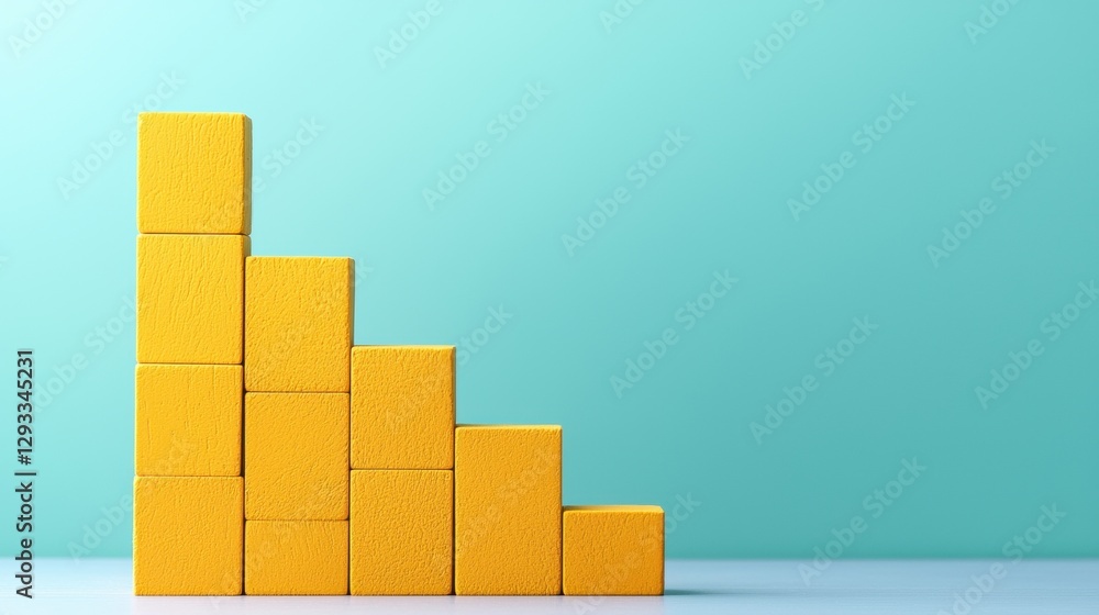 Yellow wooden blocks arranged in a descending staircase pattern against a blue background. Concept of decline, loss, or negative trend. Yellow wooden blocks arranged in a descending staircase pattern against a blue background. Concept of decline, loss, or negative trend.