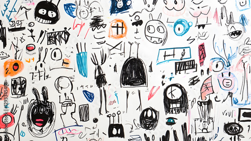 doodle art school notebook page filled with random sketches, funny stick figures, and expressive doodles 