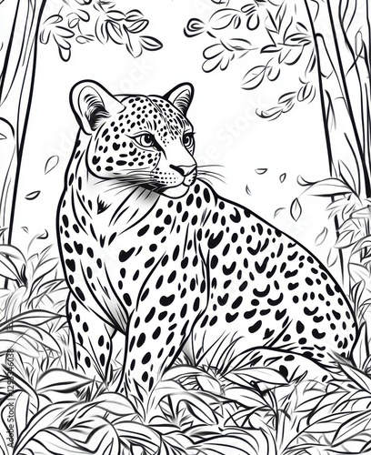 Coloring page of a cartoon leopard in a lush jungle for kids fun art wildlife theme creative learning