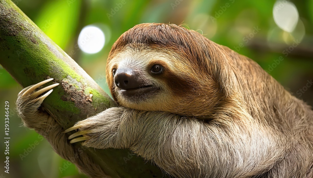 Naklejka premium Majestic Brownthroated Sloth Perched in Neotropical Rainforest as Twilight Falls, Glimpsing a Peaceful Coexistence with Vibrant Wildlife and Rich Canopy.