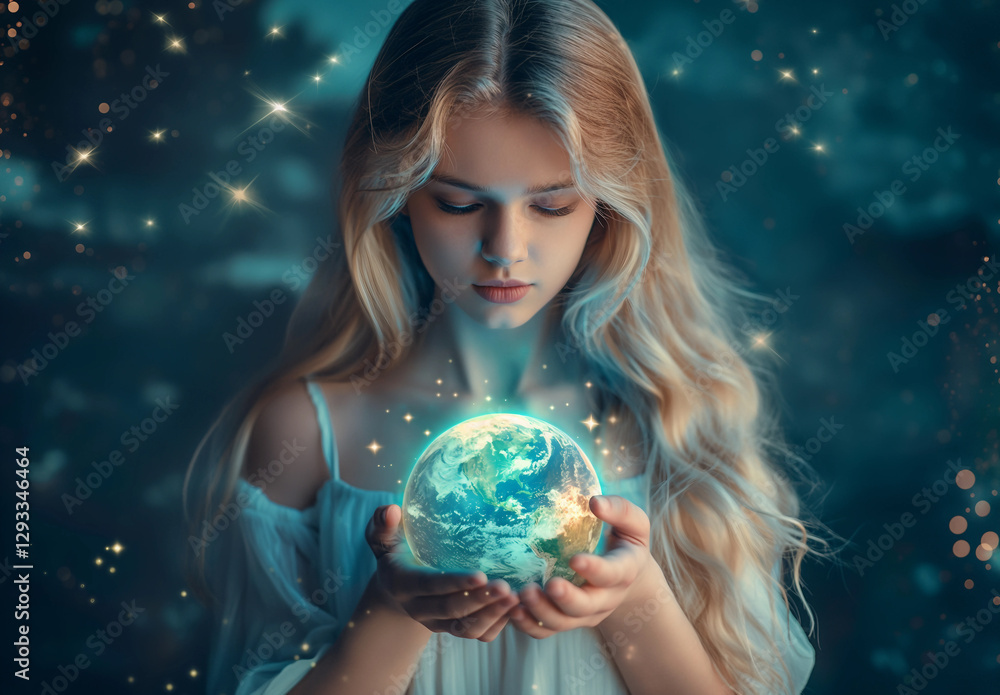 Naklejka premium Beautiful girl holding the Earth in her hands, fantasy background with stars and lights, blue eyes, blonde hair, white dress, magical atmosphere,Generative AI