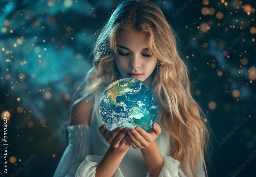 Naklejka premium Beautiful girl holding the Earth in her hands, fantasy background with stars and lights, blue eyes, blonde hair, white dress, magical atmosphere,Generative AI