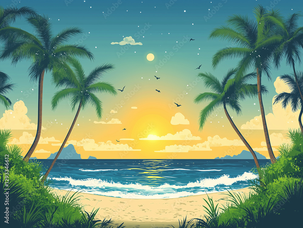 Obraz premium Beach with waves and palm trees, charming cartoon holiday art.