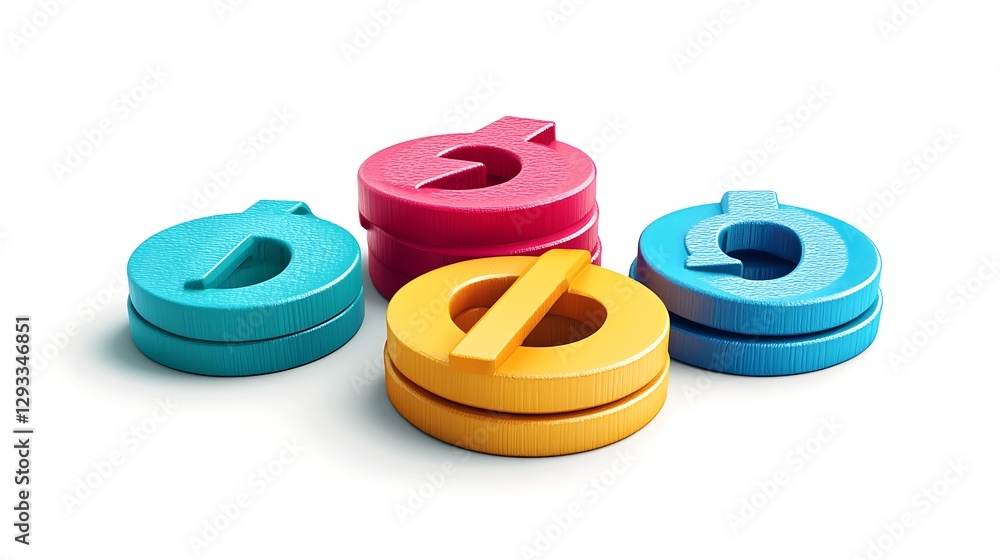 Colorful stacked symbols, white background, 3D render, website design Colorful stacked symbols, white background, 3D render, website design