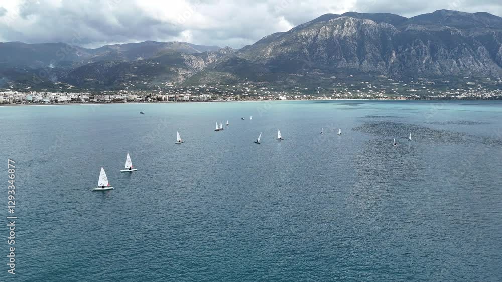 Aerial View of Solo Sailboats Training in the Messenian Gulf, Kalamata, Peloponnese Aerial View of Solo Sailboats Training in the Messenian Gulf, Kalamata, Peloponnese