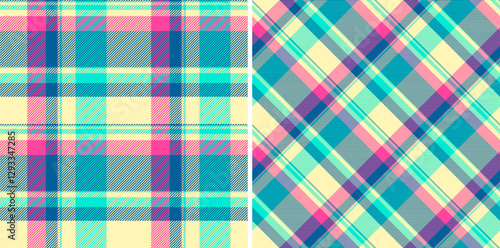 Texture vector fabric of seamless background plaid with a check tartan textile pattern. Set in rainbow colors. Graphic design detailed editable swatch.