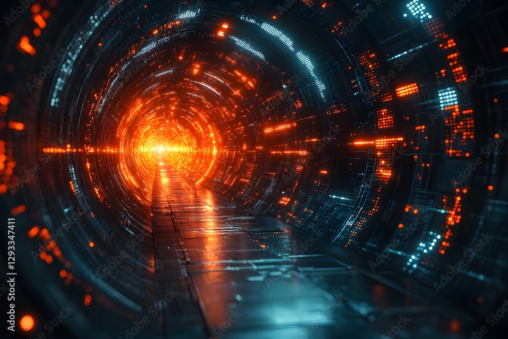 Obraz premium Futuristic Sci-Fi Tunnel with Glowing Lights for Digital Design and Posters