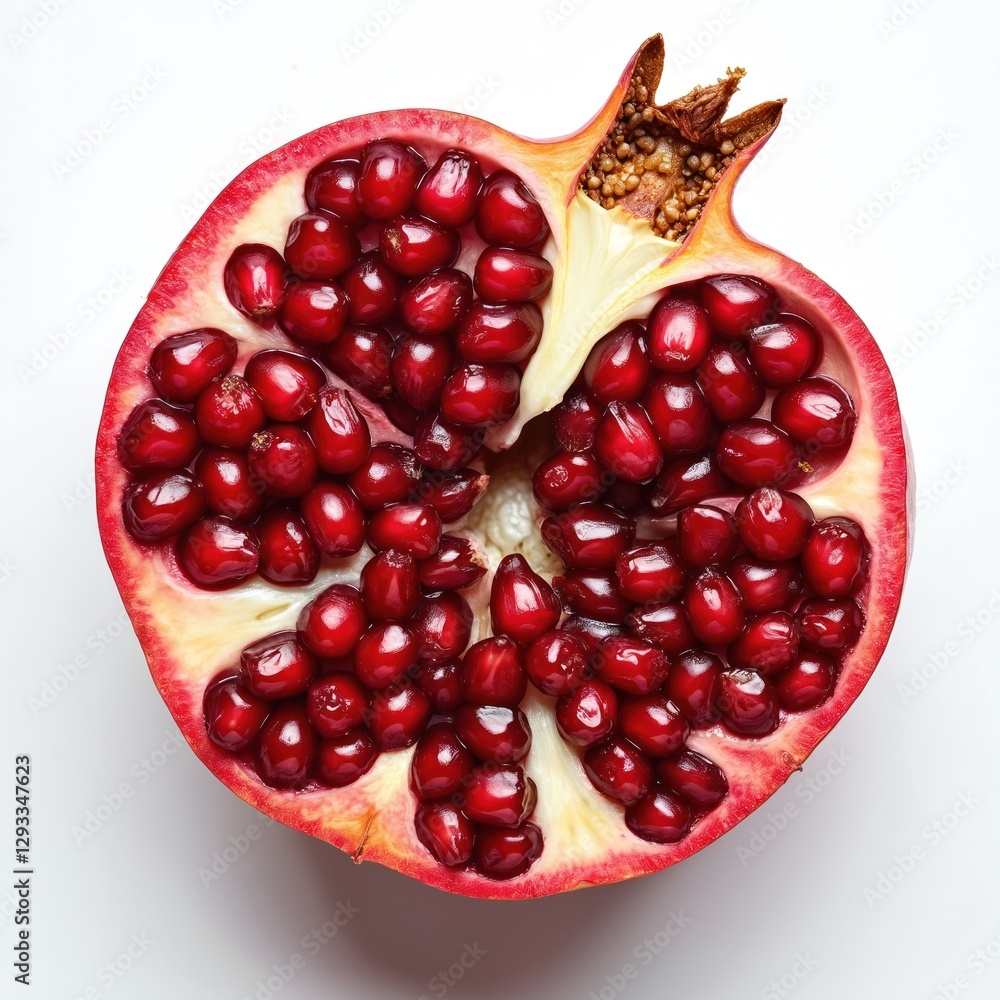 Top view flat lay studio shot of pomegranate half isolated on white background. Juicy fresh healthy tropical fruit with many ruby seeds. Garnet ingredient, natural vitamins and antioxidants. Top view flat lay studio shot of pomegranate half isolated on white background. Juicy fresh healthy tropical fruit with many ruby seeds. Garnet ingredient, natural vitamins and antioxidants.