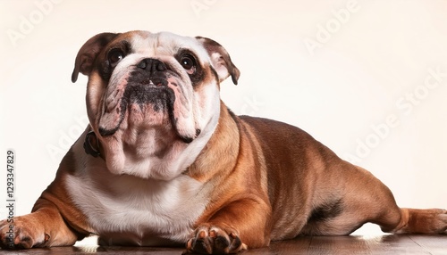 Sweettempered Bulldog gazing skyward, portrayed in a serene and warmtoned study of tranquility in a cozy living space, showcasing an adorable pets moment of introspection. photo