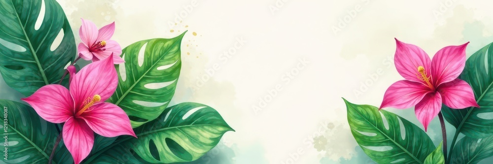 Obraz premium Bold monstera deliciosa leaves and orchids emerge from a watercolor wash background , exotic, pattern