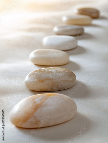 A collection of smooth, polished stones arranged in a gentle curve on a soft pastel background, creating a peaceful and meditative atmosphere Generative AI