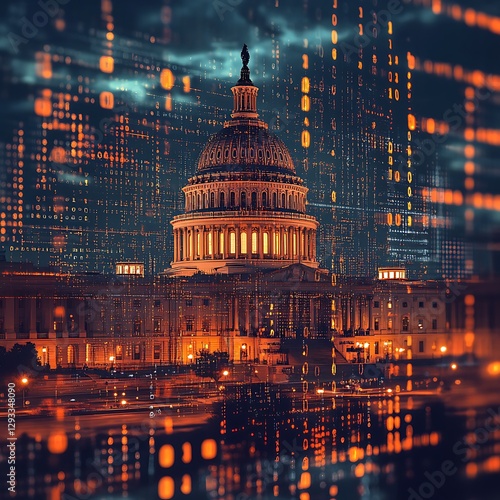 Capitol building, night, data stream