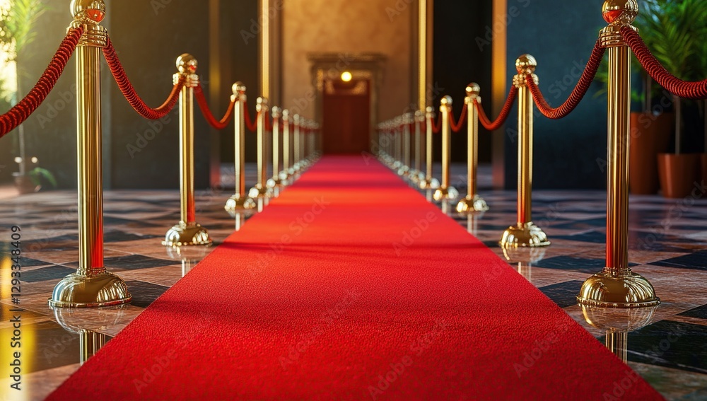Red Carpet Entrance: Gold Stanchions Line Elegant Pathway to Event Red Carpet Entrance: Gold Stanchions Line Elegant Pathway to Event