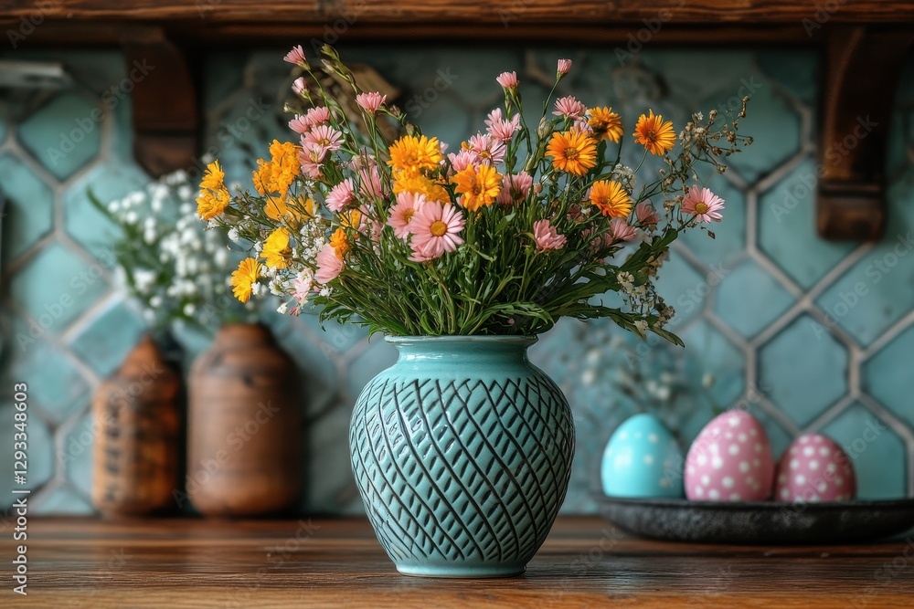 custom made wallpaper toronto digitalColorful floral arrangement in a decorative vase against a charming tiled background