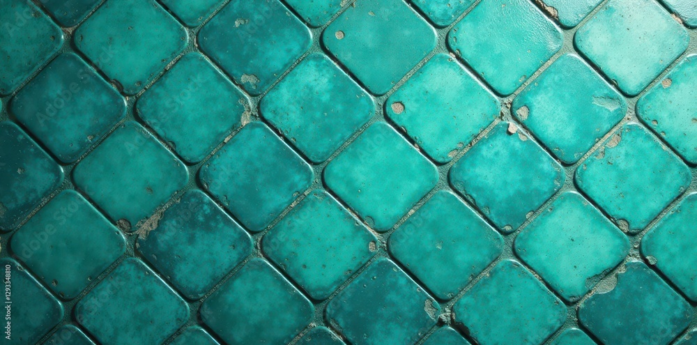 Fototapeta premium Distressed teal and green diamond tile wall, aged surface texture, photo, photography