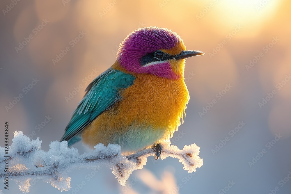 Obraz premium Colorful bird perched on snowy branch during sunrise in a serene winter landscape