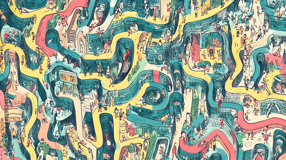 doodle art maze filled with tiny figures wandering through winding paths and hidden surprises doodle art maze filled with tiny figures wandering through winding paths and hidden surprises
