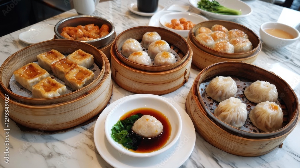A variety of dim sum dishes served in bamboo steamers. Traditional Chinese cuisine. A variety of dim sum dishes served in bamboo steamers. Traditional Chinese cuisine.