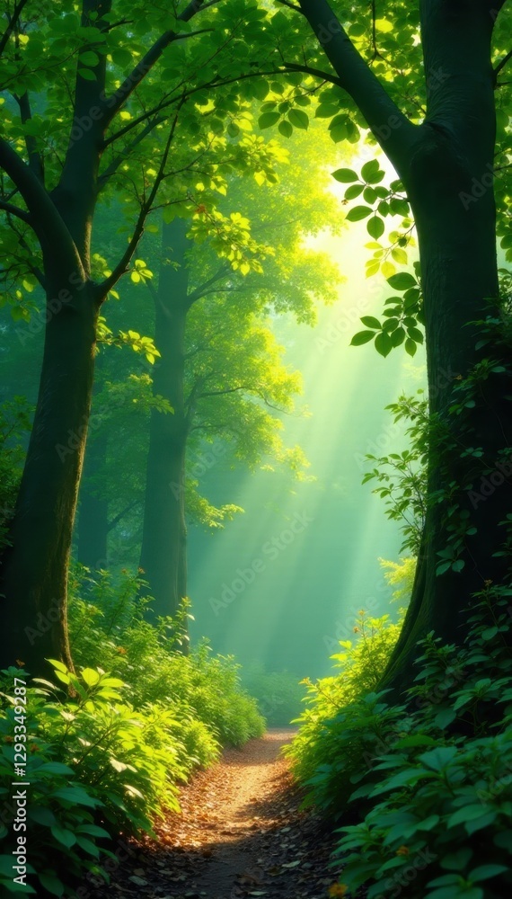 Obraz premium Lush green canopy, vibrant foliage, sunlight dappled, humid, sunlight, leaves