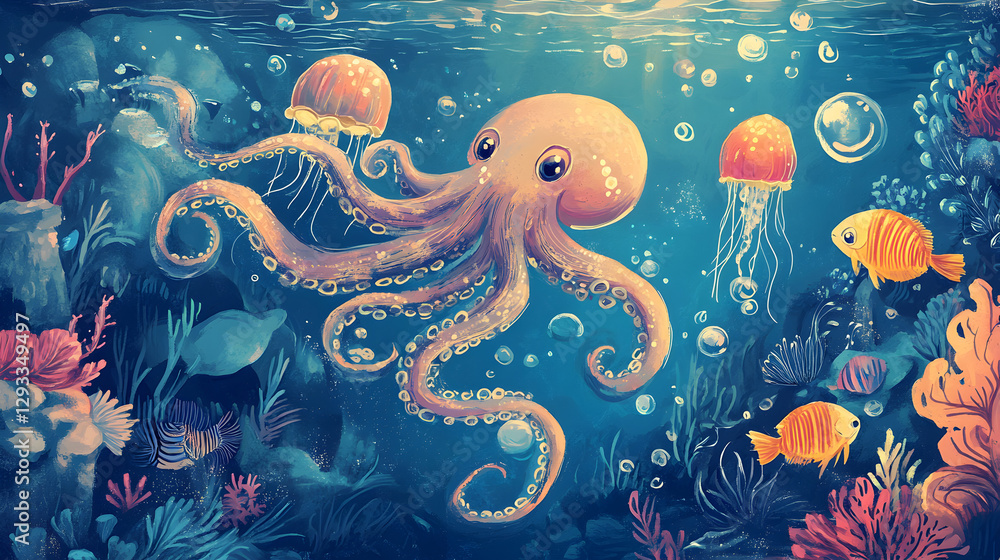 doodle art underwater world with happy fish, dancing jellyfish, and an octopus playing with bubbles doodle art underwater world with happy fish, dancing jellyfish, and an octopus playing with bubbles