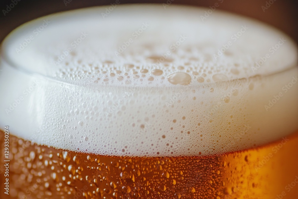 Close-up of frothy beer with condensation in warm lighting. AI image Close-up of frothy beer with condensation in warm lighting. AI image