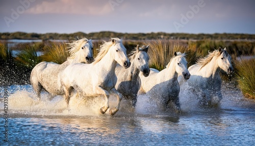 Camargue Horses Galloping through the Shallow Waters of South France at Dusk A Captivating Moment Frozen in Time, Showcasing the Beauty and Grace of Natures Wild Stallions Amidst the Picturesque