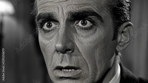 Captivating expression of surprise in a black and white classic film from the mid-20th century