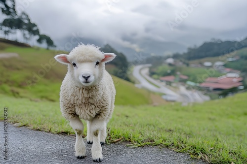 Living Cotton Balls with fluffy fur like clouds, sheep in the Cameron Highlands run around, occasionally turning around with their round, cute eyes photo