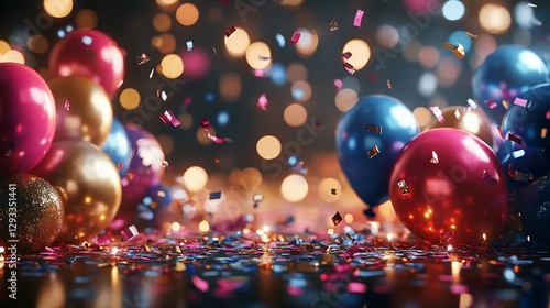Festive balloons, confetti, lights; celebration background
