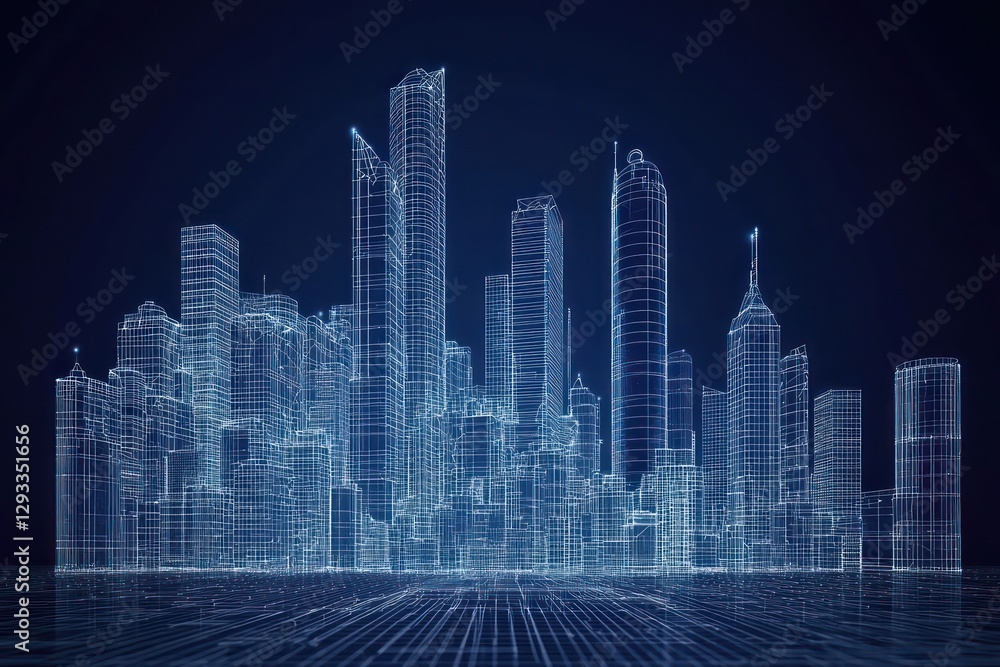 Fototapeta premium 3D wireframe presents a futuristic city skyline for digital displays.