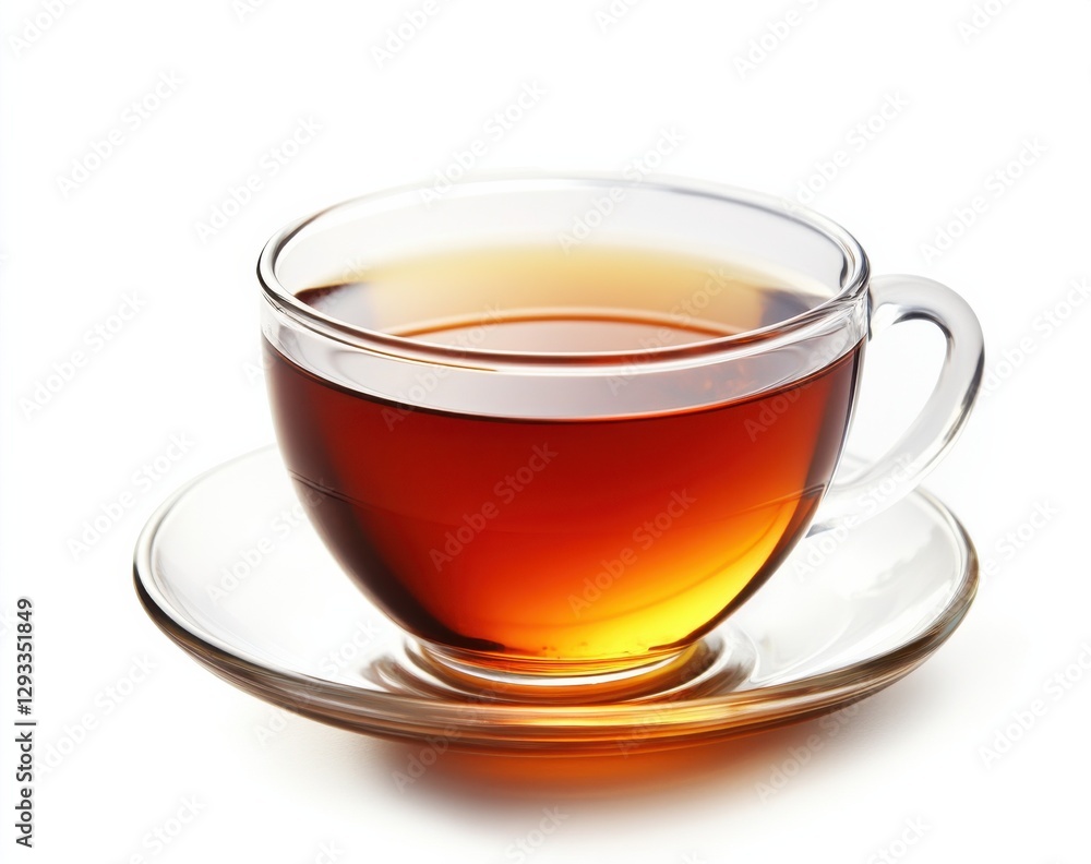 Warm cup of brewed tea resting elegantly on a glass saucer against a clean, bright background Warm cup of brewed tea resting elegantly on a glass saucer against a clean, bright background