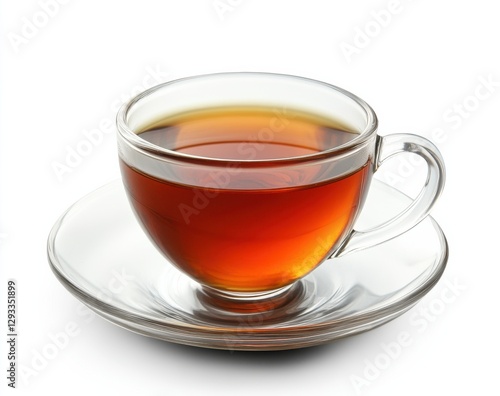Hot brewed tea served in a clear cup with a saucer on a white background highlighting its rich amber color