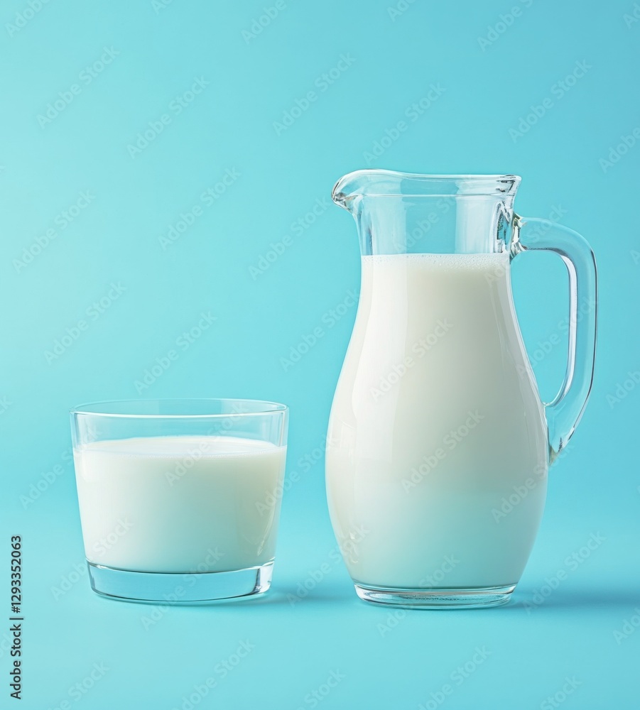 Fresh milk served in a clear pitcher alongside a glass on a vibrant blue background Fresh milk served in a clear pitcher alongside a glass on a vibrant blue background