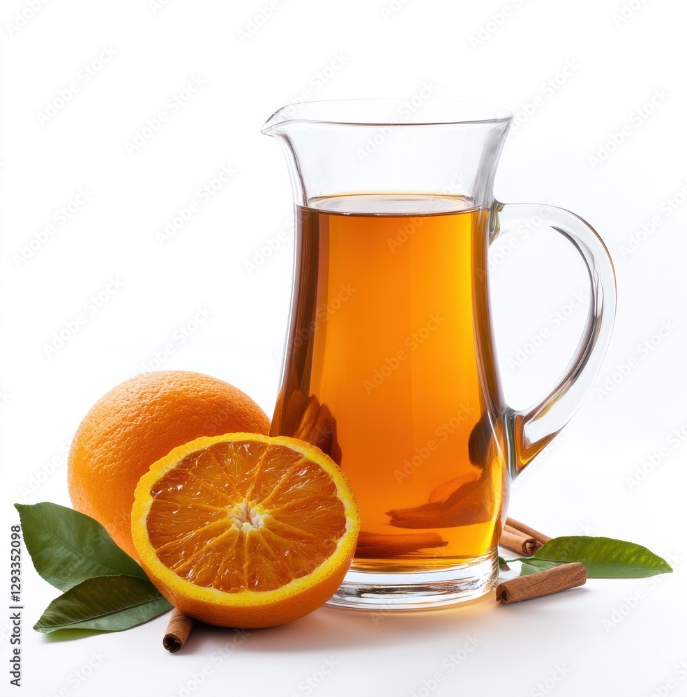 Freshly squeezed orange juice served in a pitcher with orange slices and cinnamon sticks at a sunlit kitchen setting Freshly squeezed orange juice served in a pitcher with orange slices and cinnamon sticks at a sunlit kitchen setting