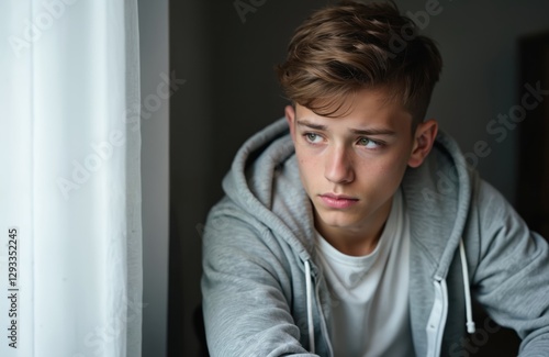 Portrait of sad teen guy. Attractive teenager wearing casual clothes, looking thoughtfully. Teenagers mental health problems. Photo shows young man deep in thought, pondering difficult life situation.