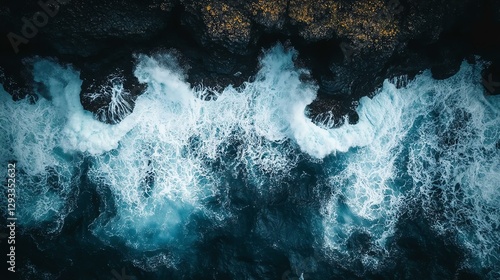 Fototapeta Naklejka Na Ścianę i Meble -  Aerial view of powerful ocean waves crashing.