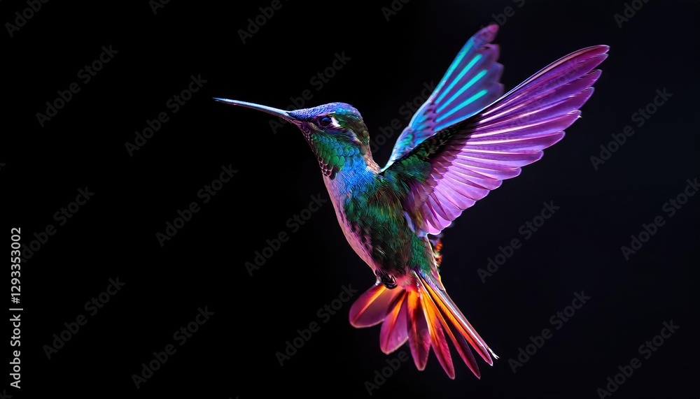 Obraz premium Stunning Neon Hummingbird Illuminated Against a Velvet Backdrop, Irradiating a Dance of Colors in the Nights Mystique.