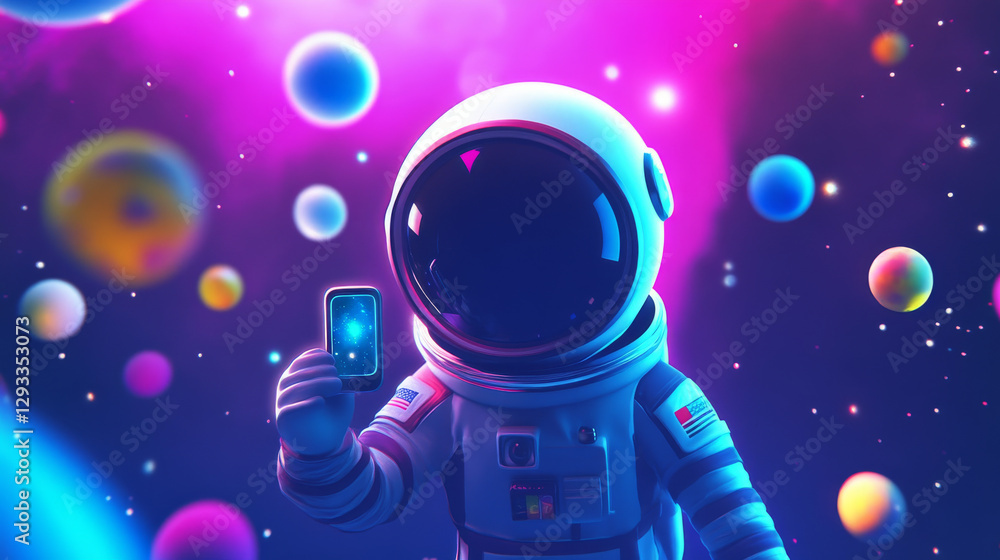 Naklejka premium Planet and astronaut cartoon game illustration set. Fantasy world ui icon pack for magic galaxy universe. Childish spaceman character with smartphone take cosmic selfie near meteor and rock sphere.
