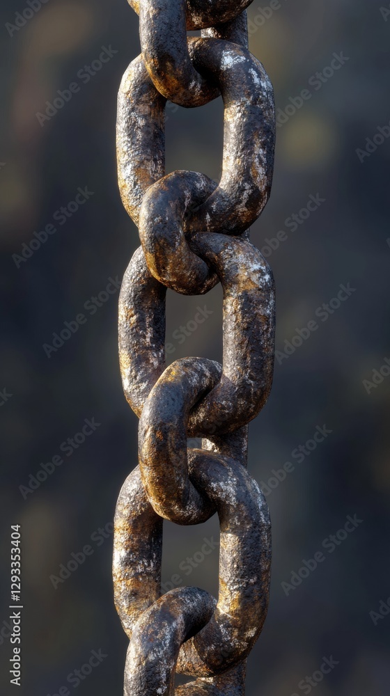 Closeup of weathered metal chain showing rust and texture against blurred background. Strength and durability concept Closeup of weathered metal chain showing rust and texture against blurred background. Strength and durability concept