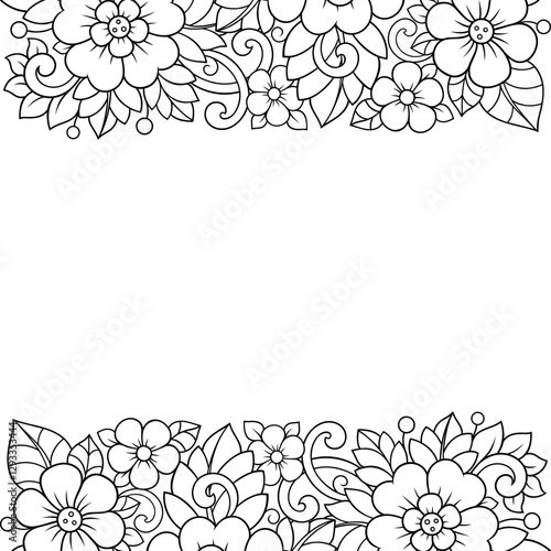 Frame in eastern tradition. Stylized with henna tattoos decorative pattern for decorating covers for book, notebook, casket, magazine, postcard and folder. Flower border in mehndi style.